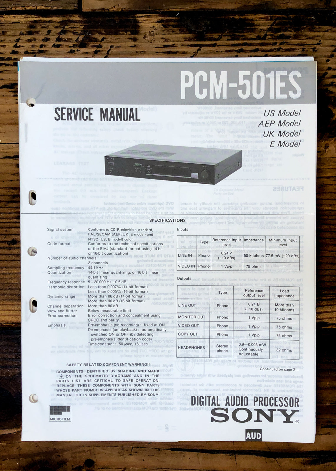 Sony PCM-501ES Processor Service Manual *Original*