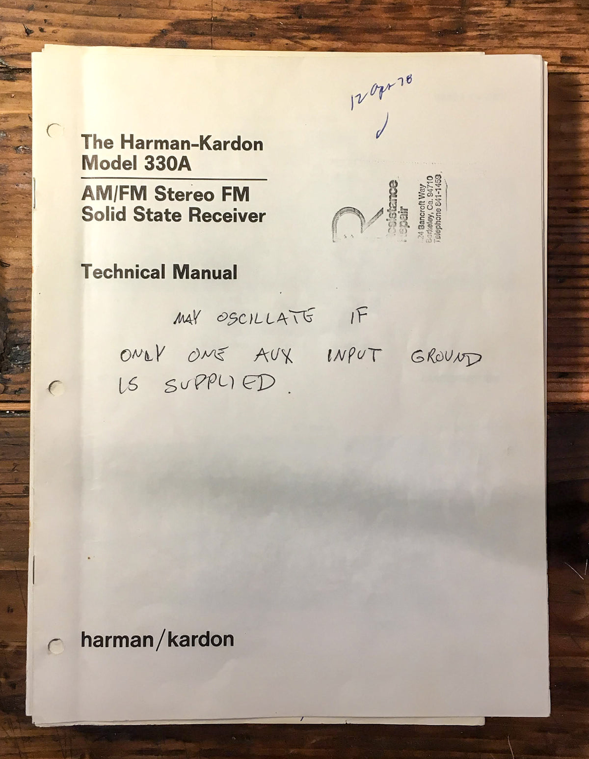 Harman Kardon HK Model 330A 330 A Service Manual *Original*