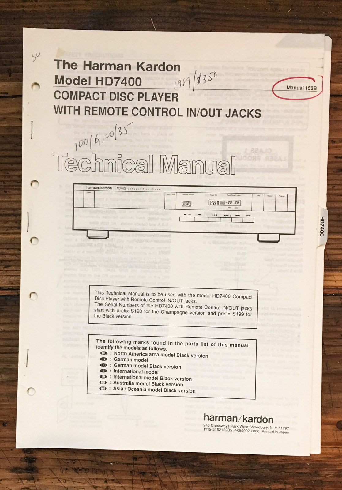 Harman Kardon 7400 HD-7400 CD Player Service Manual PT 1 *Original*