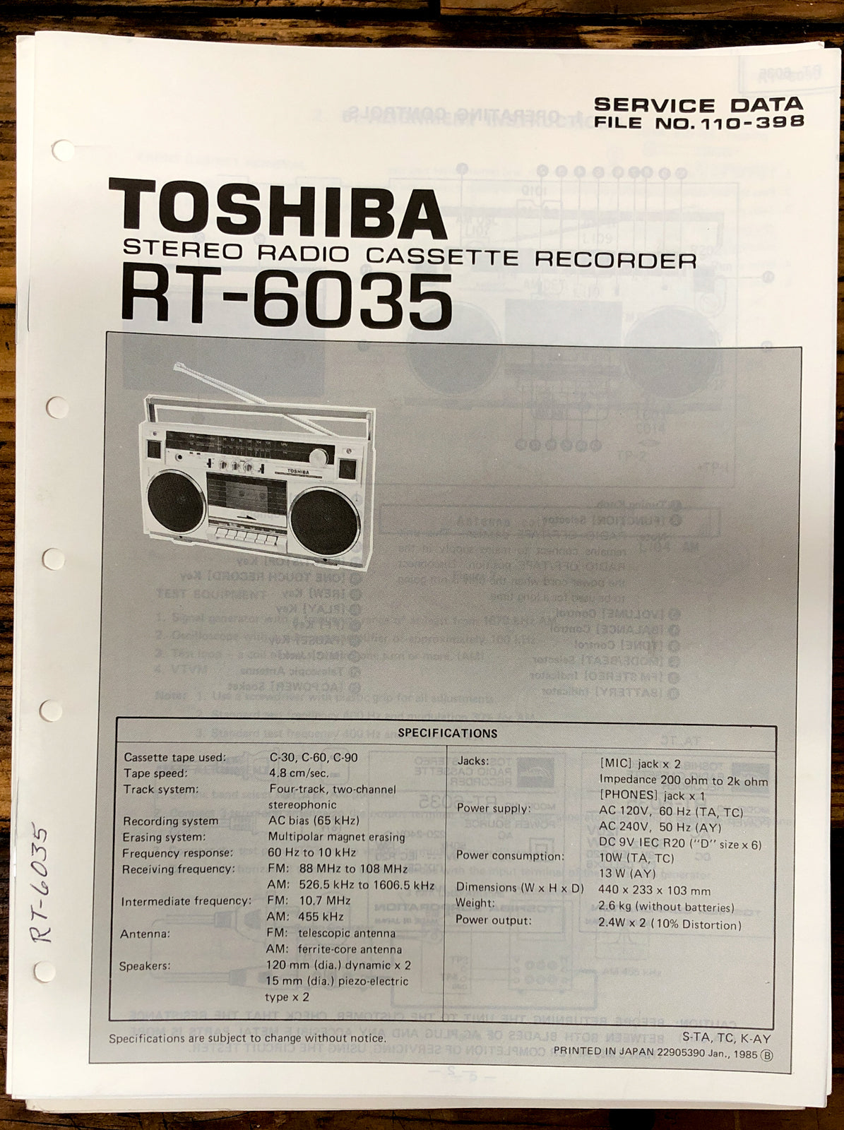 Toshiba RT-6035 Radio Cassette Service Manual *Original*