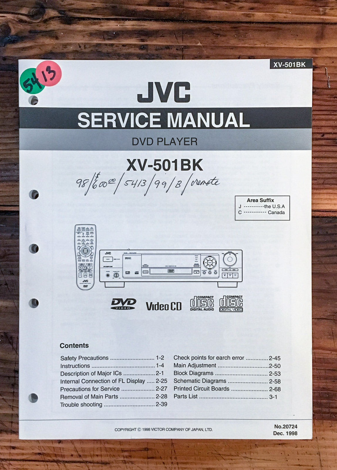 JVC XV-501 BK 501BK DVD Player Service Manual *Original*