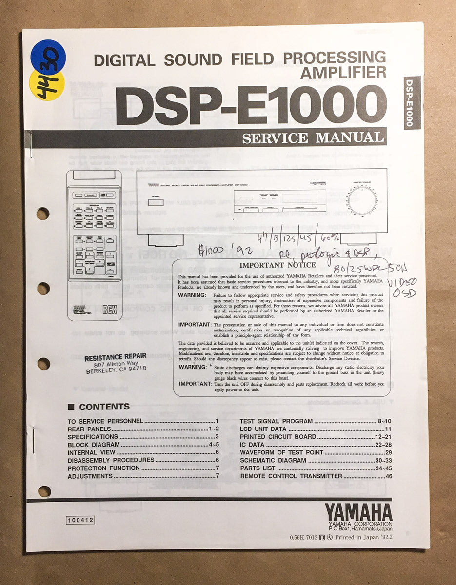 Yamaha DSP-E1000 Digital Processor Service Manual *Original*
