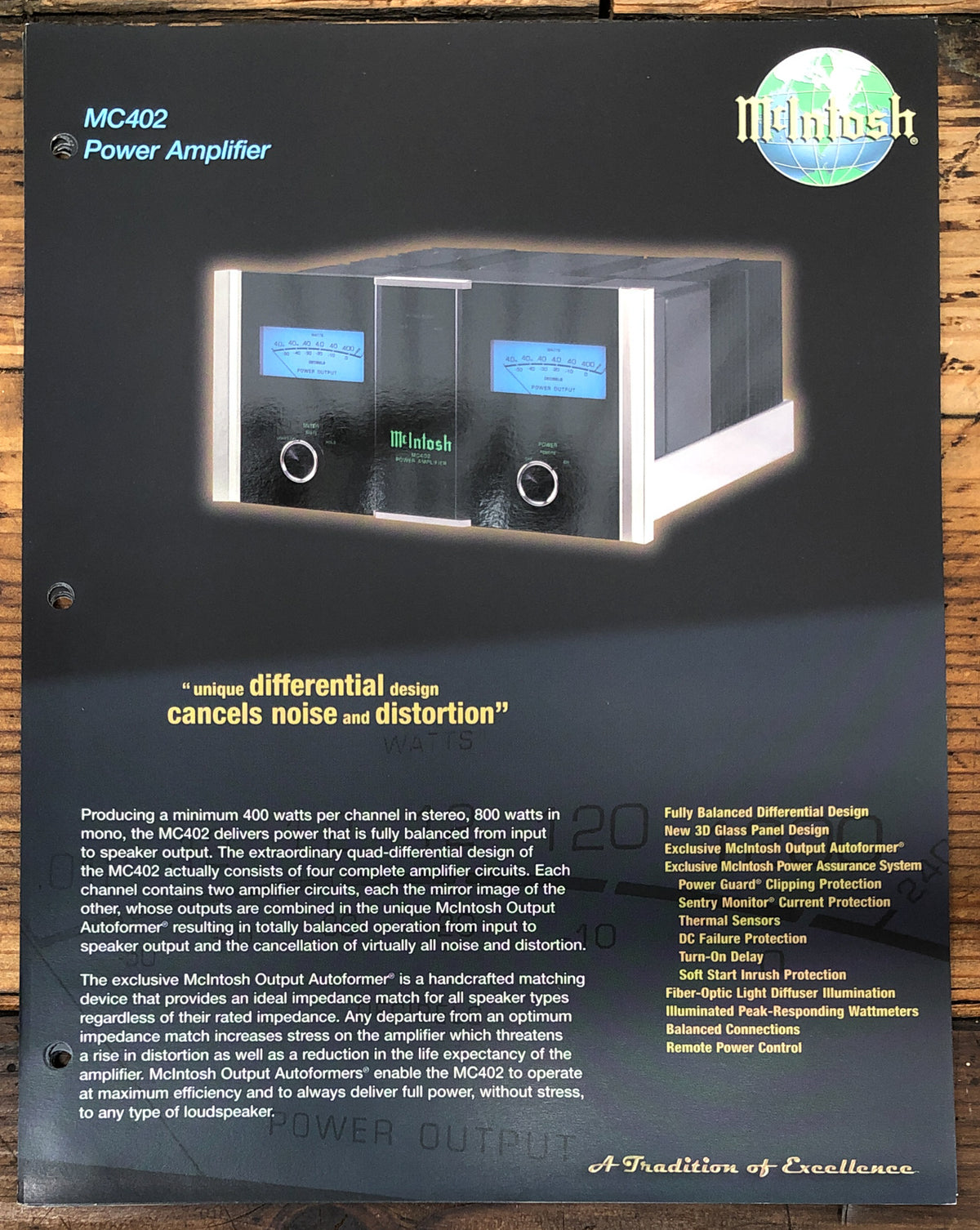 McIntosh MC402 Amplifier Dealer Spec Sheet *Original*