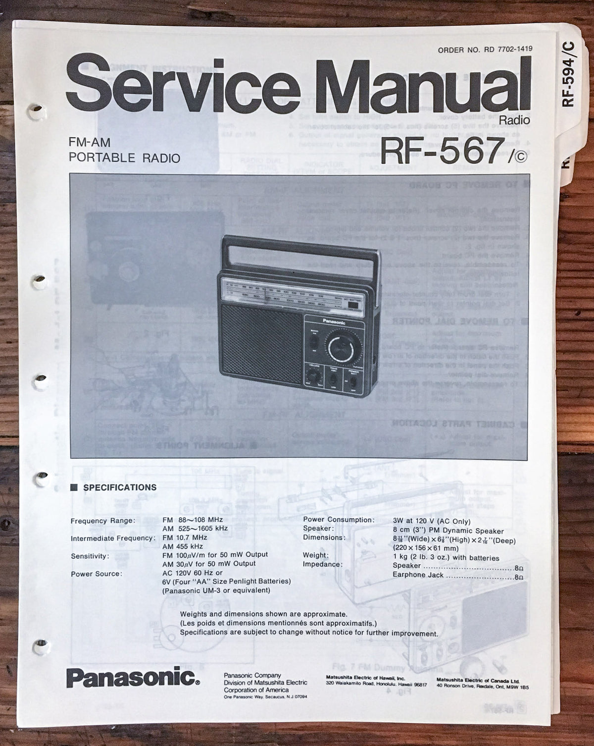 Panasonic RF-567 Radio Service Manual *Original*