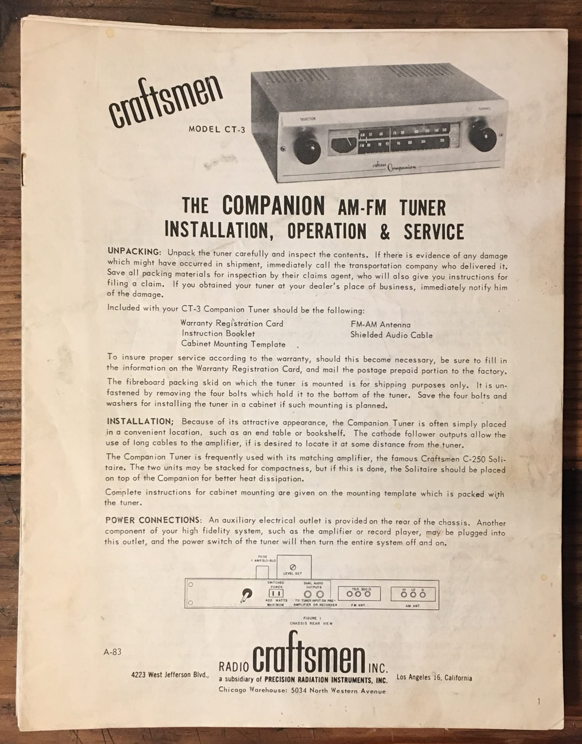 The Craftsmen Model CT-3 Tuner User & Service Manual *Original*