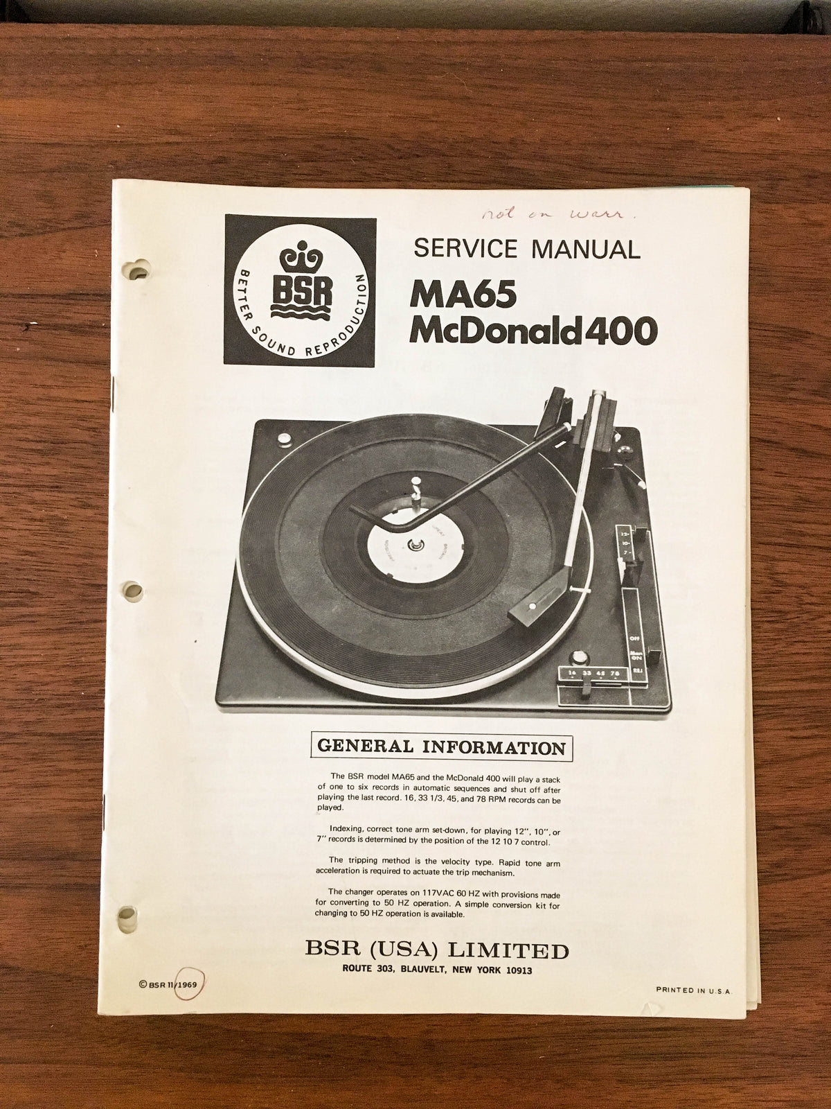 BSR MA65 McDonald 400 Record Player / Turntable Service Manual *Original*