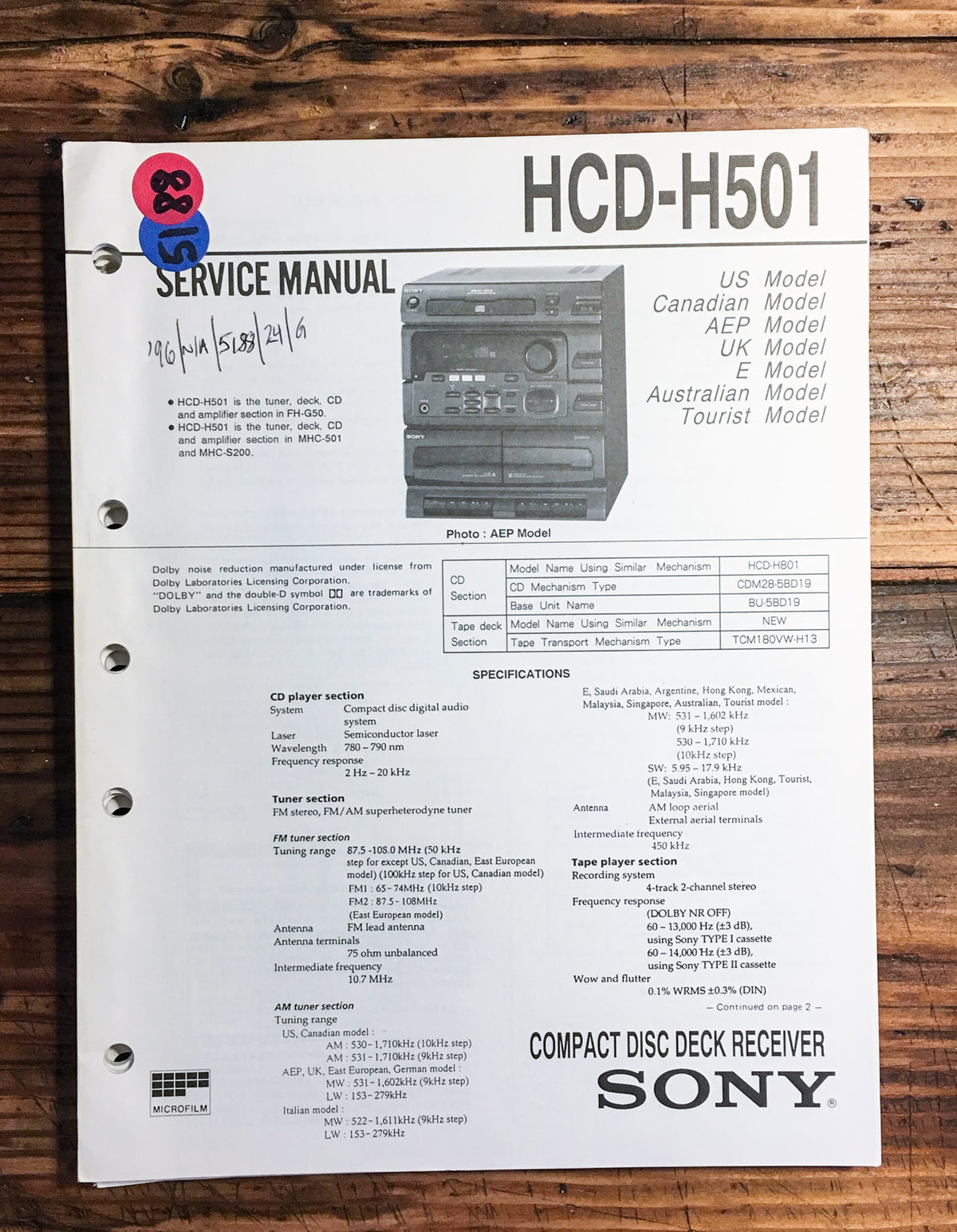 Sony HCD-H501 Stereo System Service Manual *Original*