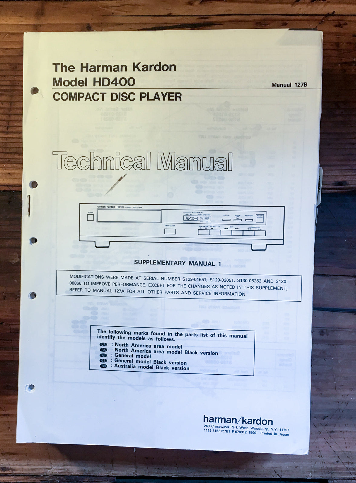 HK Harman Kardon HD400 HD-400 CD Player Service Manual *Original*