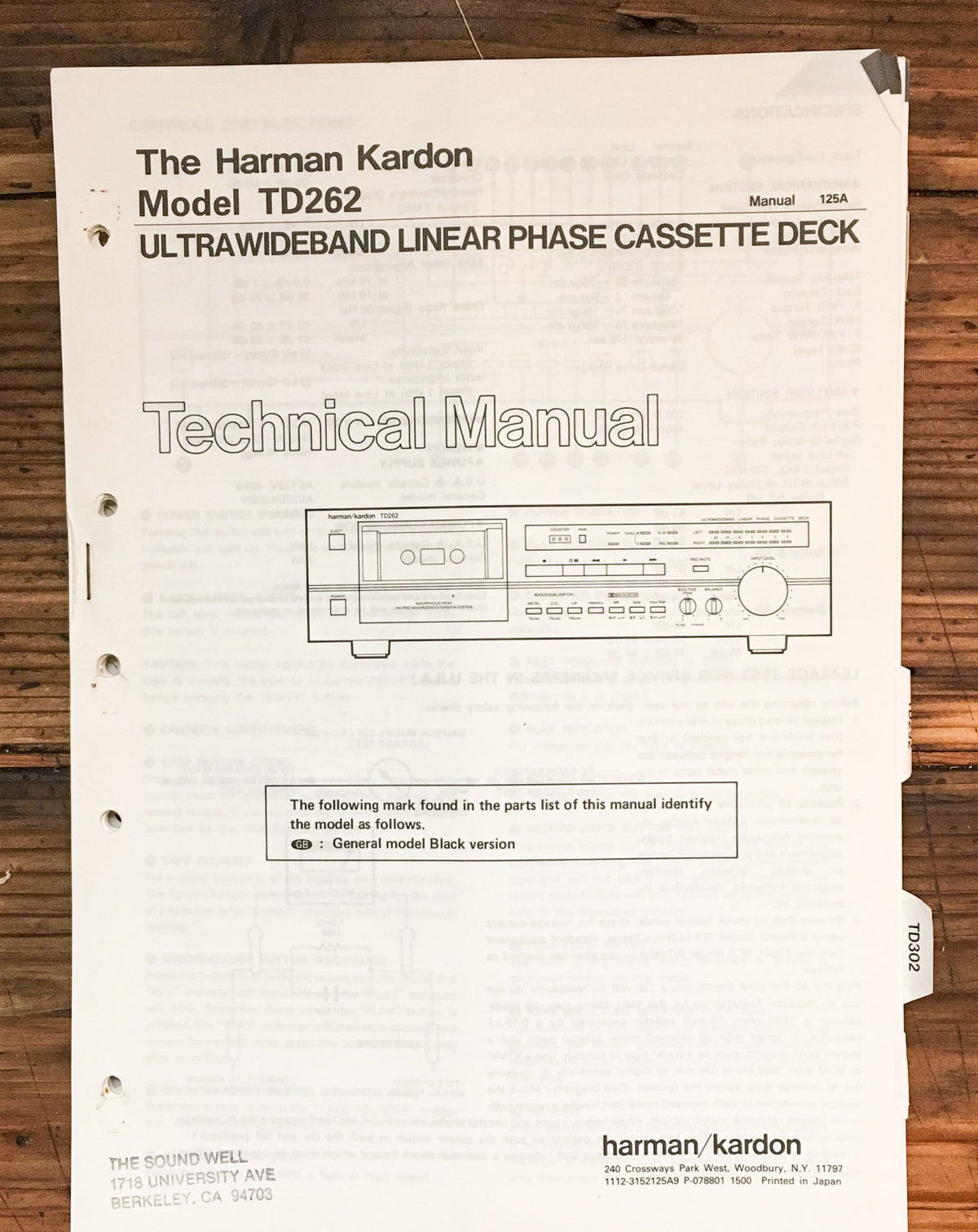 Harman Kardon TD262 Cassette Service Manual *Original*