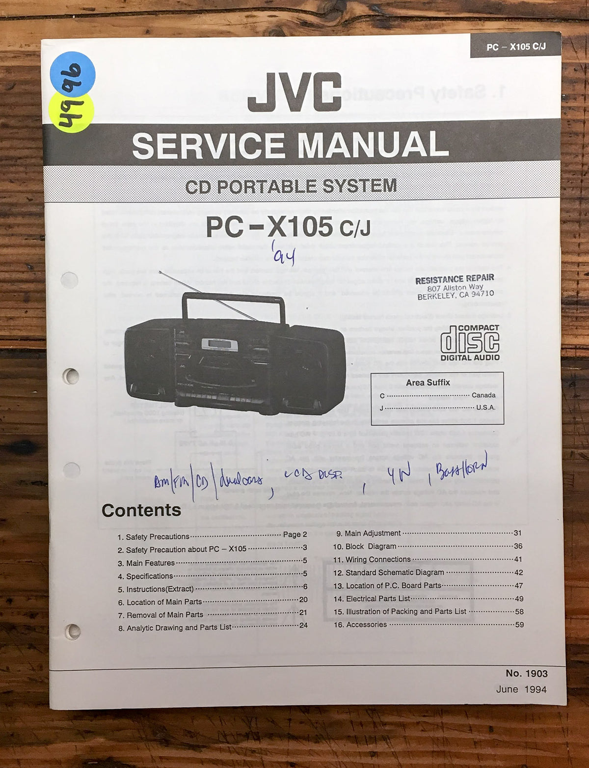 JVC PC-X105 Stereo Service Manual *Original*