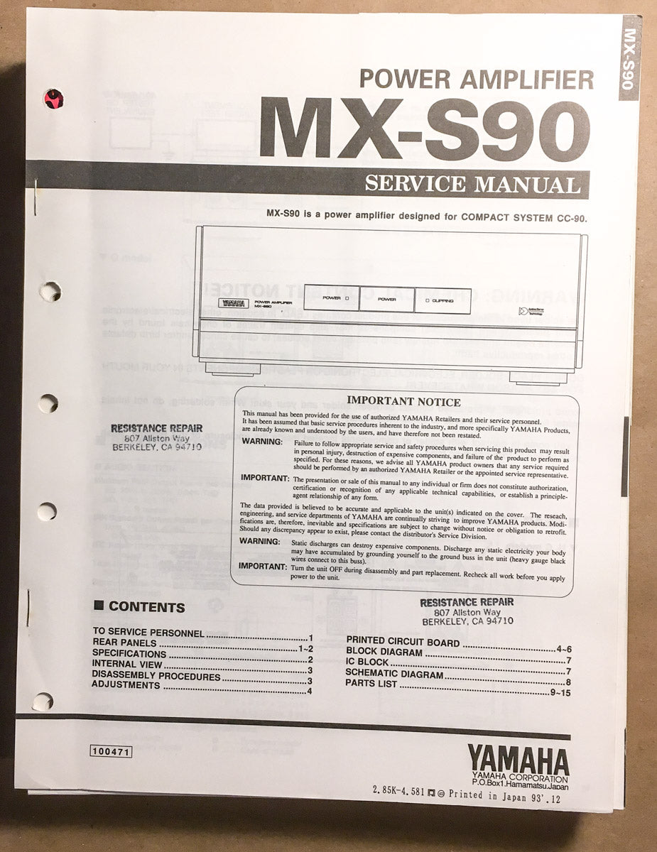 Yamaha MX-S90 Amplifier Service Manual *Original*