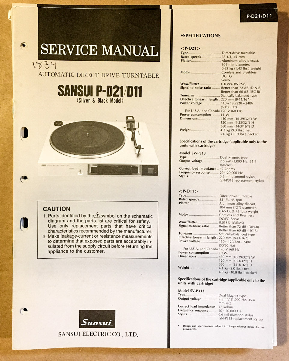 Sansui P-D21 P-D11 Record Player / Turntable Service Manual *Original*