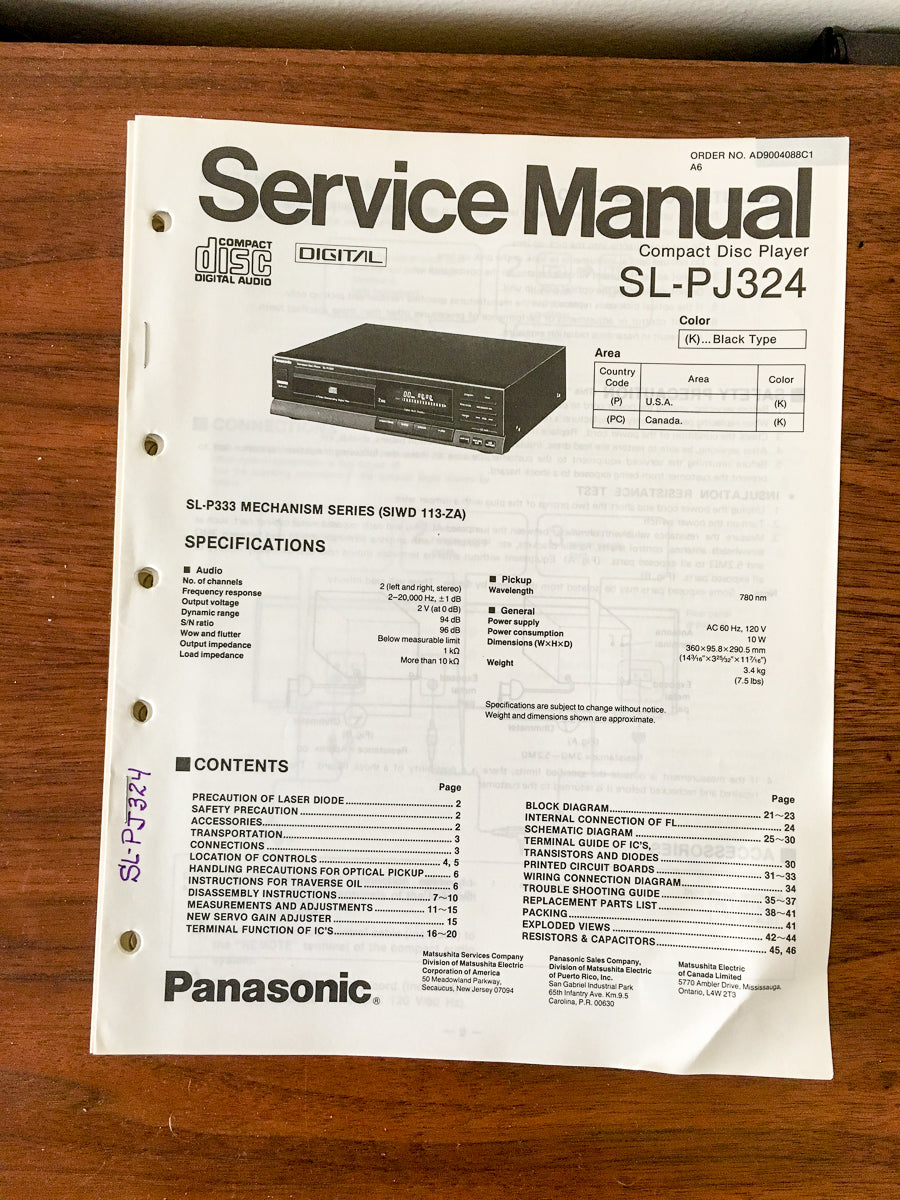 Technics SL-PJ324 CD Player Service Manual *Original* #1