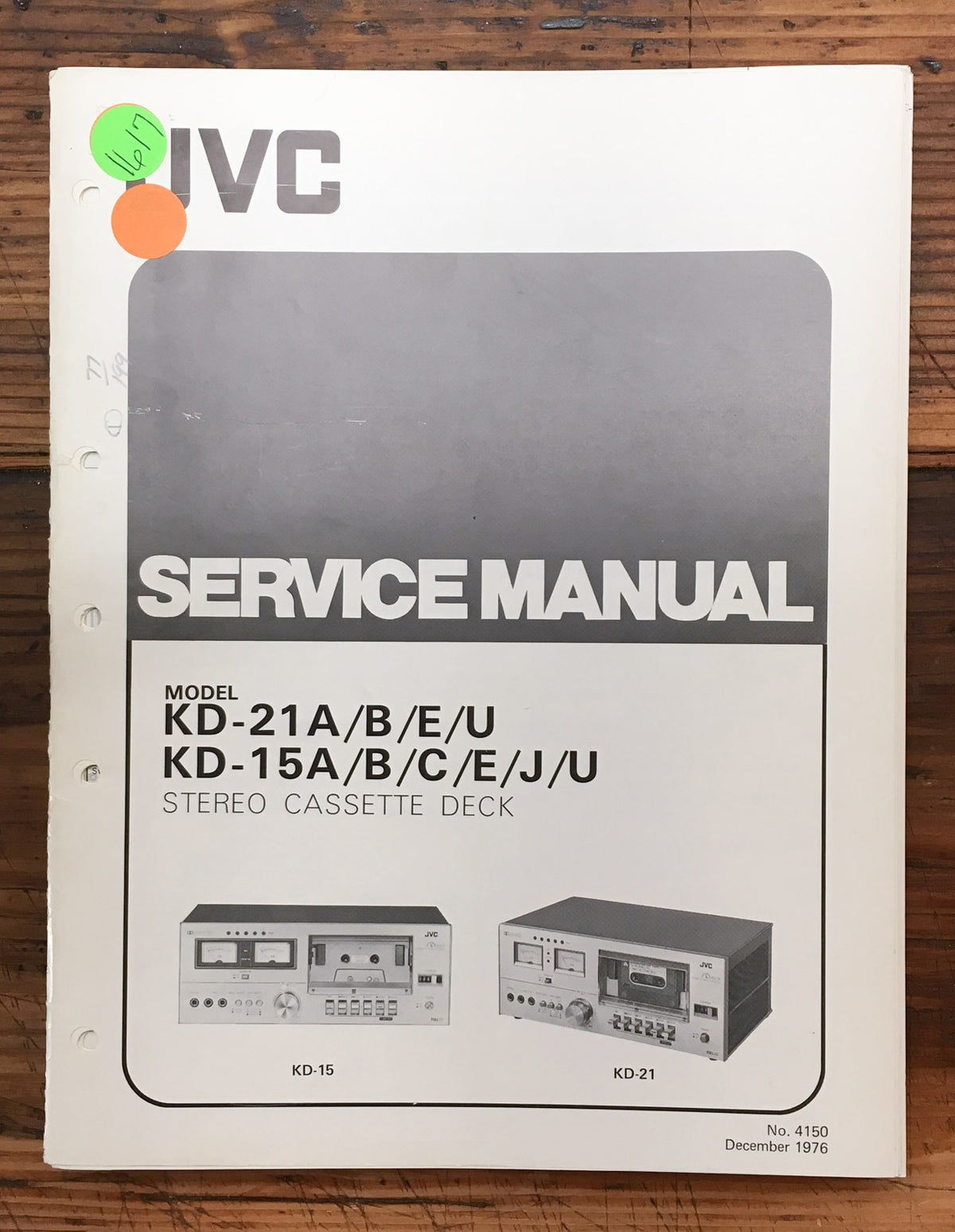 JVC KD-21 JVC KD-15 Cassette Service Manual *Original*