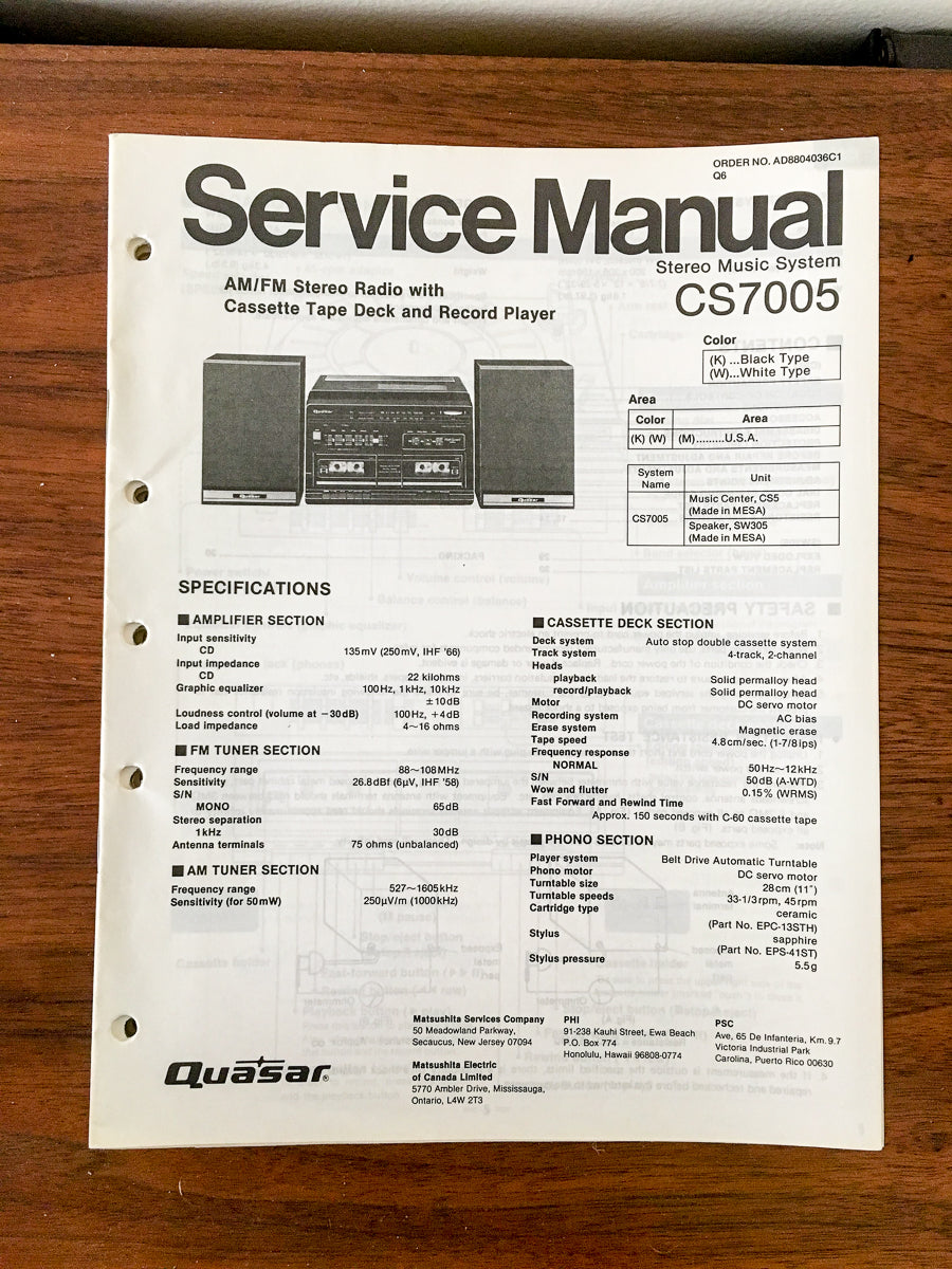 Quasar / Technics CS7005 CS-7005 Stereo Service Manual *Original*