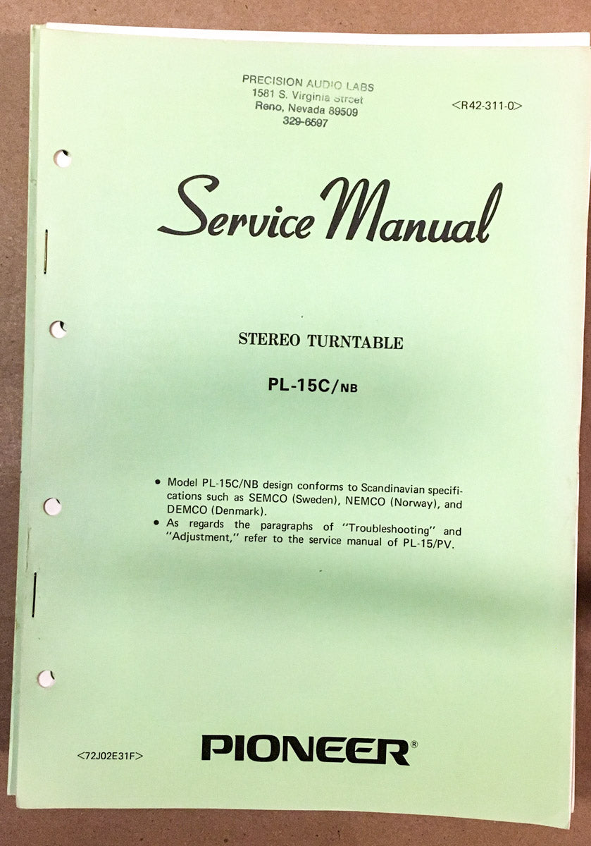 Pioneer PL-15C Turntable / Record Player Service Manual *Original*