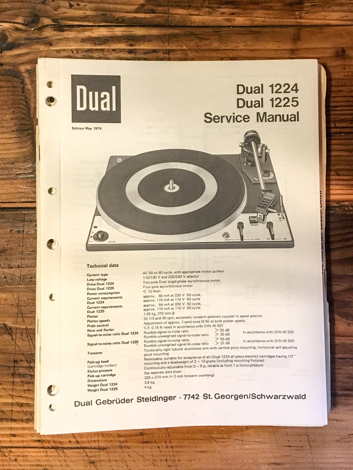 Dual Model 1224 1224 Record Player / Turntable Service Manual *Original*