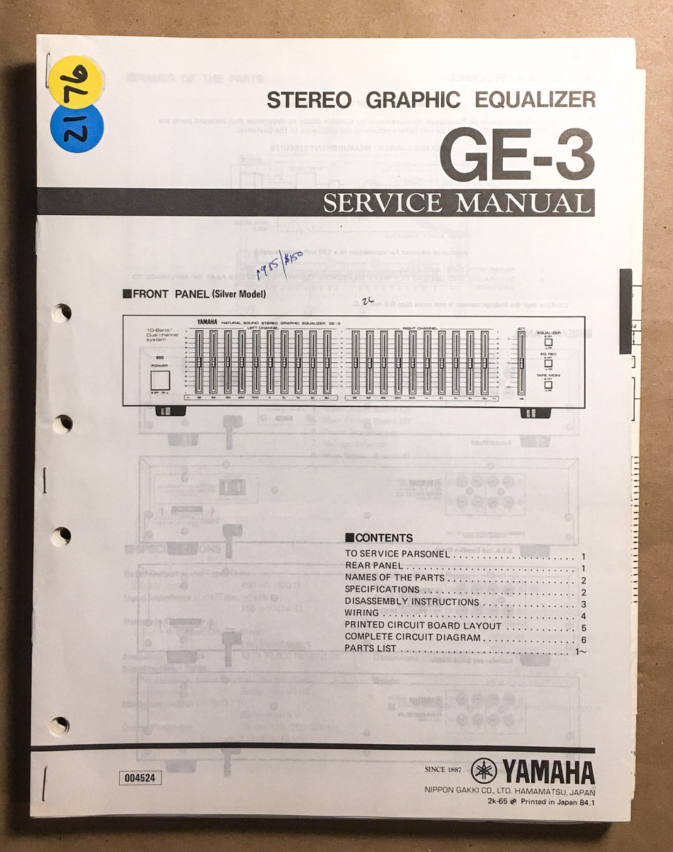 Yamaha GE-3 Graphic Equalizer Service Manual *Original* – Vintage Audio ...