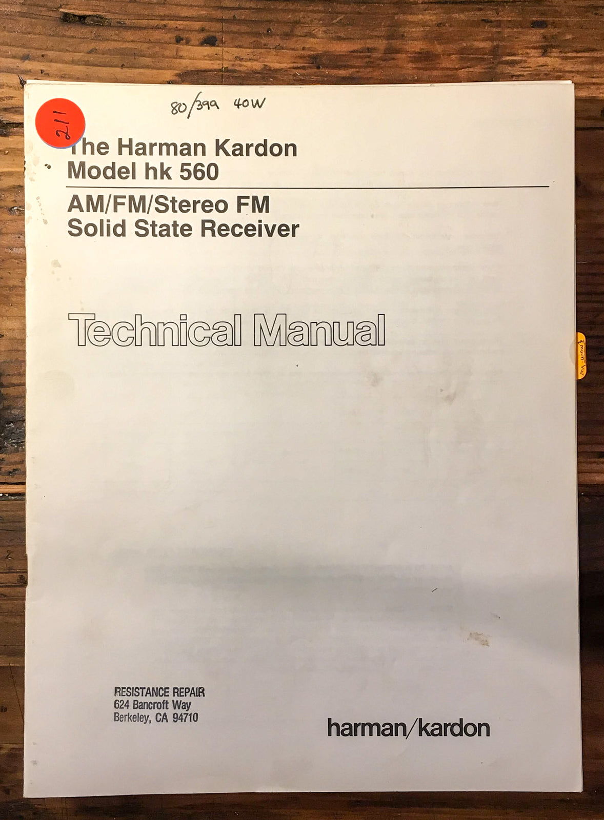 Harman Kardon HK560 HK 560 Service Manual *Original*
