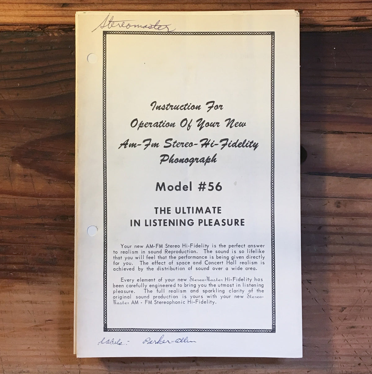 Parker Allen Model 56 Record Player / Turntable User / Owners Manual *Original*