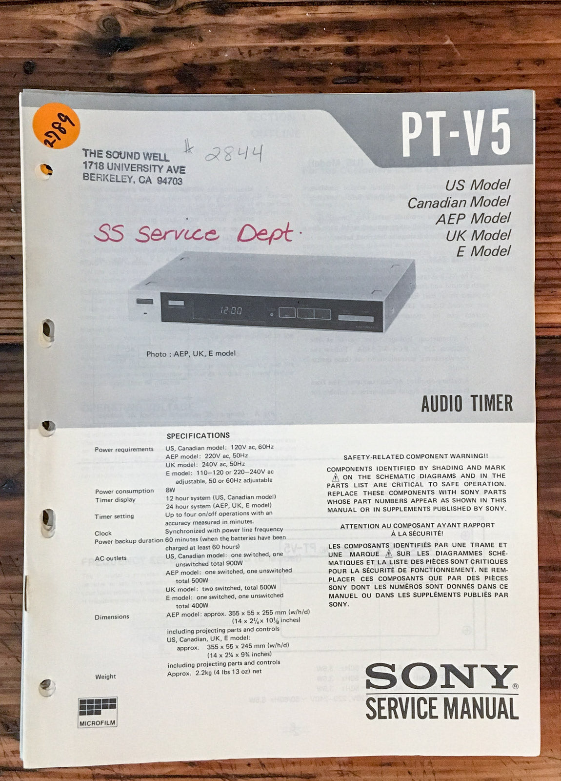 Sony PT-V5 Audio Timer Service Manual *Original*