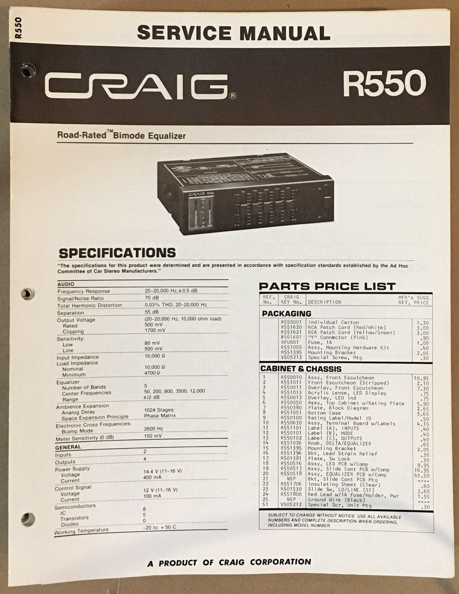 Craig Model R550 Car Equalizer Service Manual *Original*