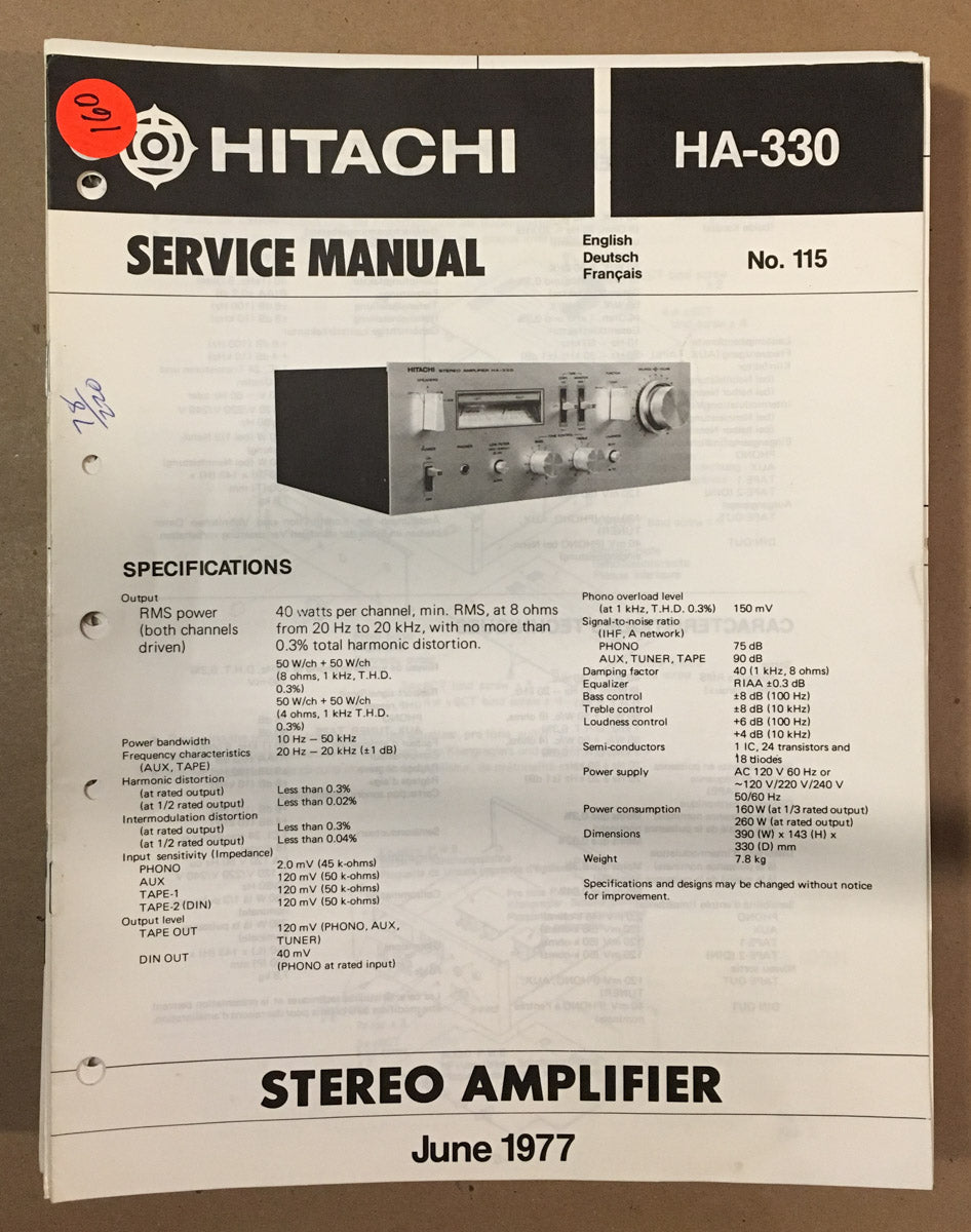 Hitachi HA-330 Amplifier Service Manual *Original*