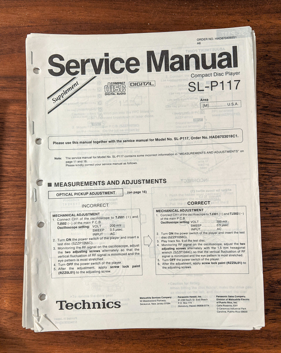 *Original* Technics SL-P111 SL-P117 SL-P118 CD Player Service Manual Supplement