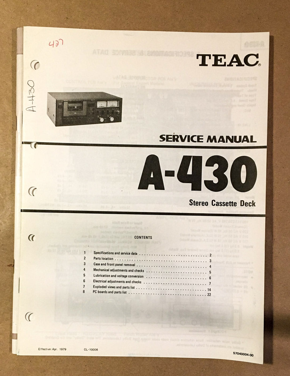 Teac / Tascam Model A-430 Cassette Service Manual *Original*