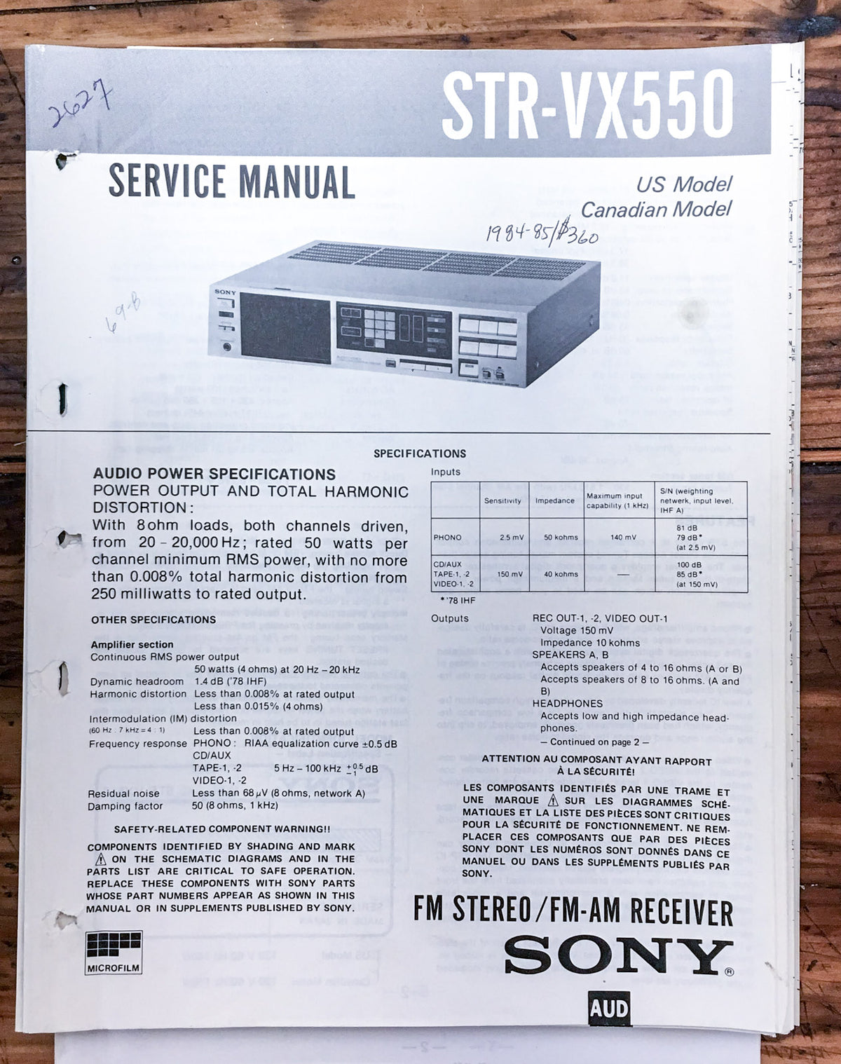 Sony STR-VX550 Receiver Service Manual *Original*