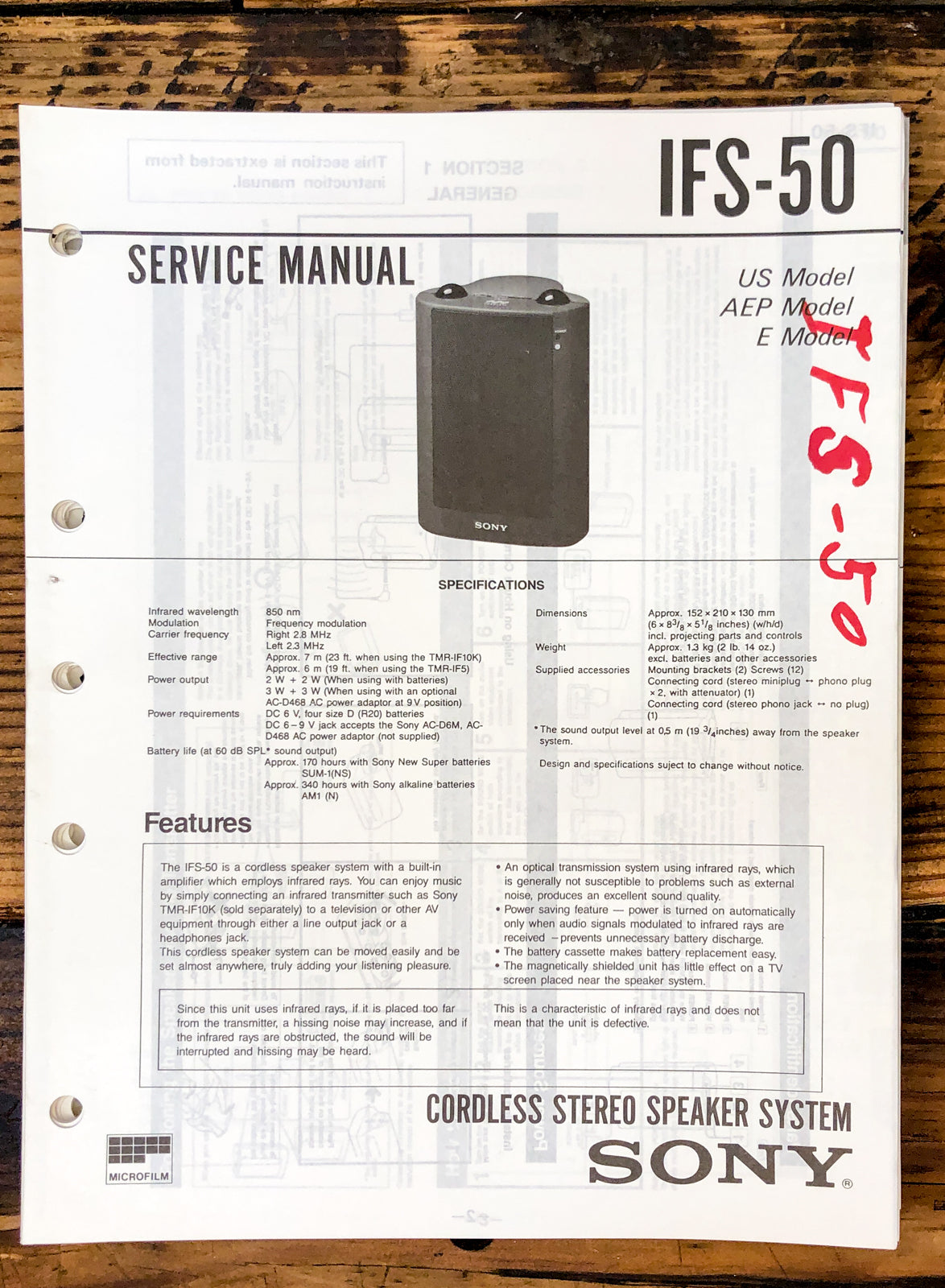 Sony IFS-50 Speaker Service Manual *Original*