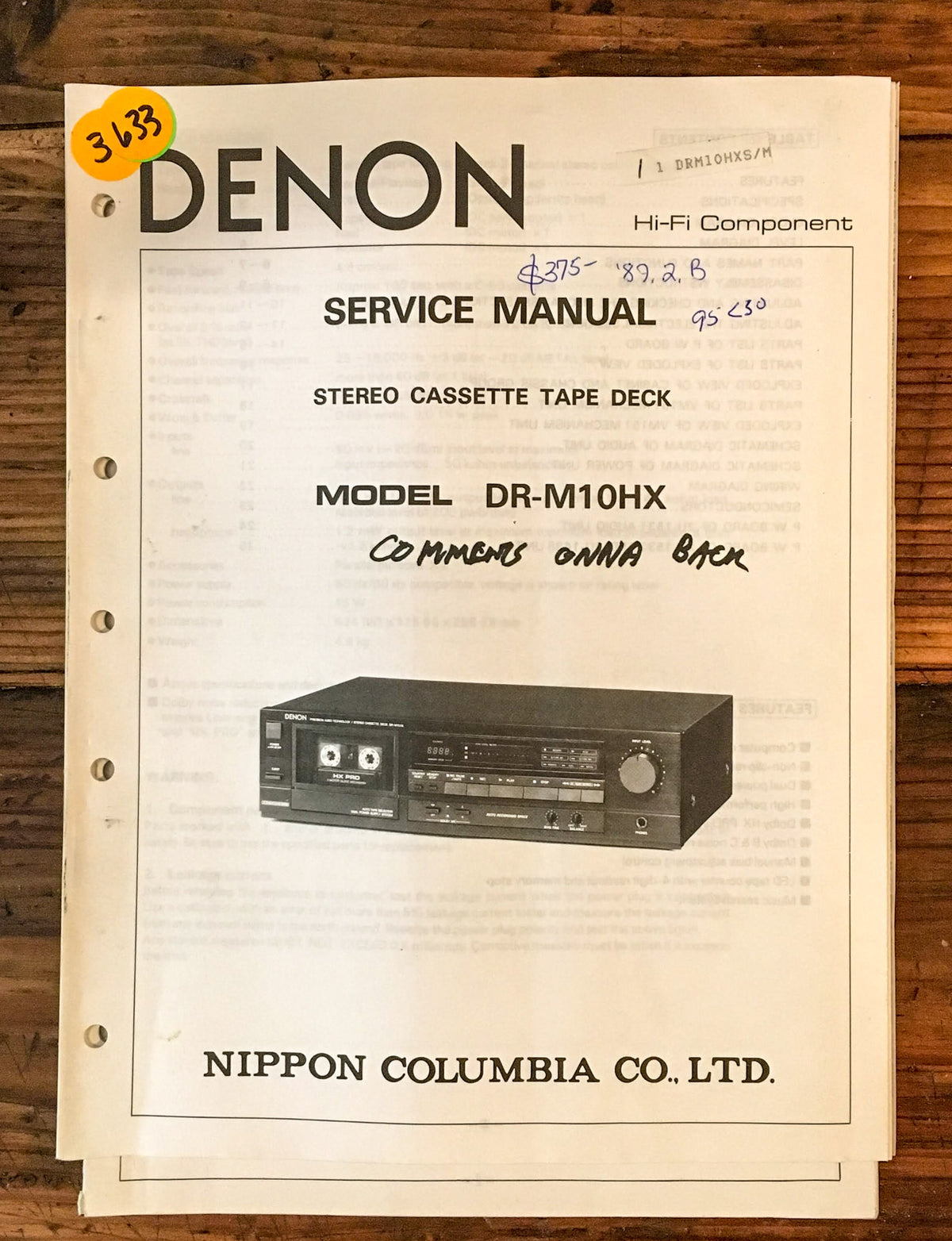 Denon DR-M10HX DR-M10 HX Cassette Deck Service Manual *Original*