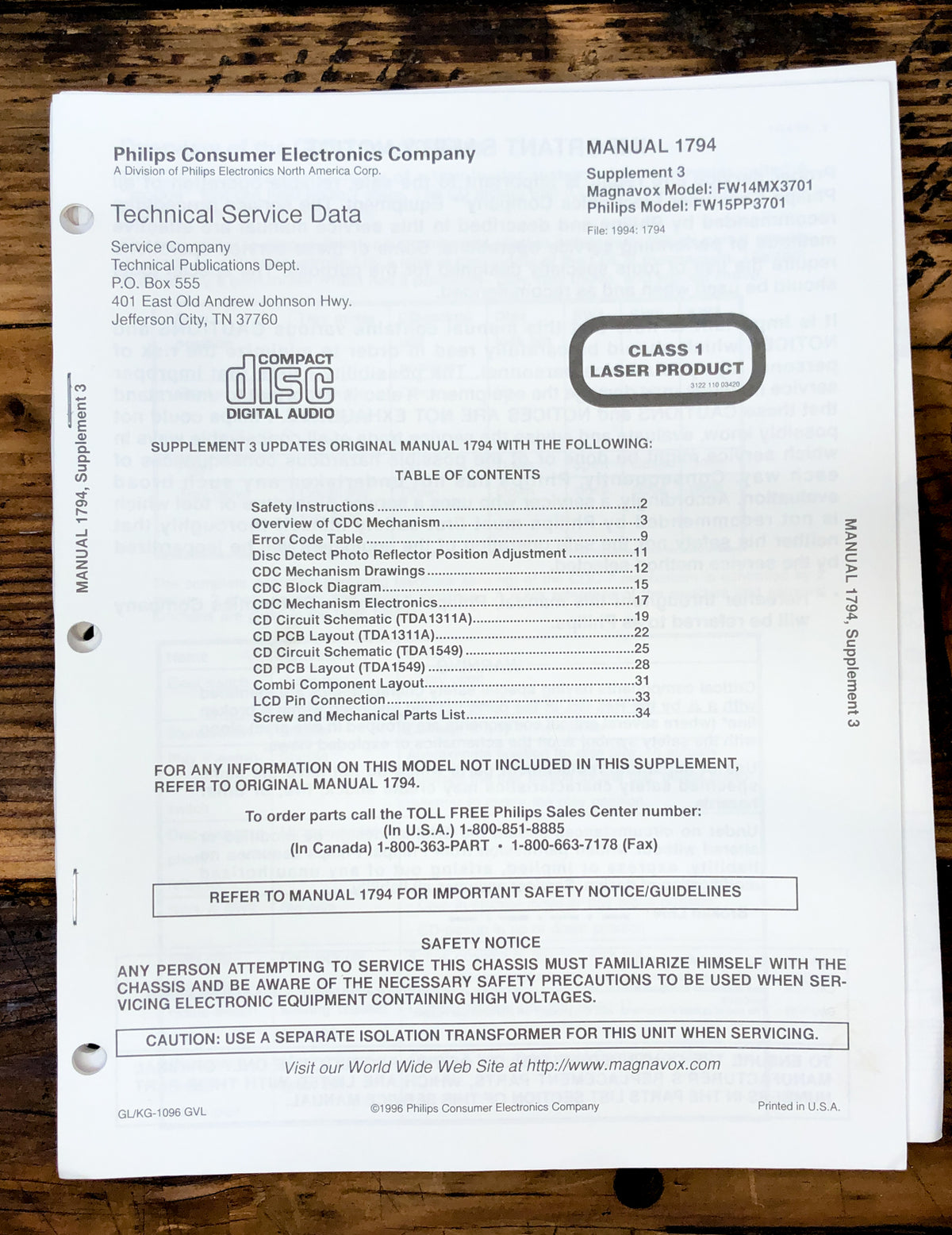 Magnavox / Philips FW14MX3701 FW15PP3701 FW14MX FW15PP Supp. Service Manual