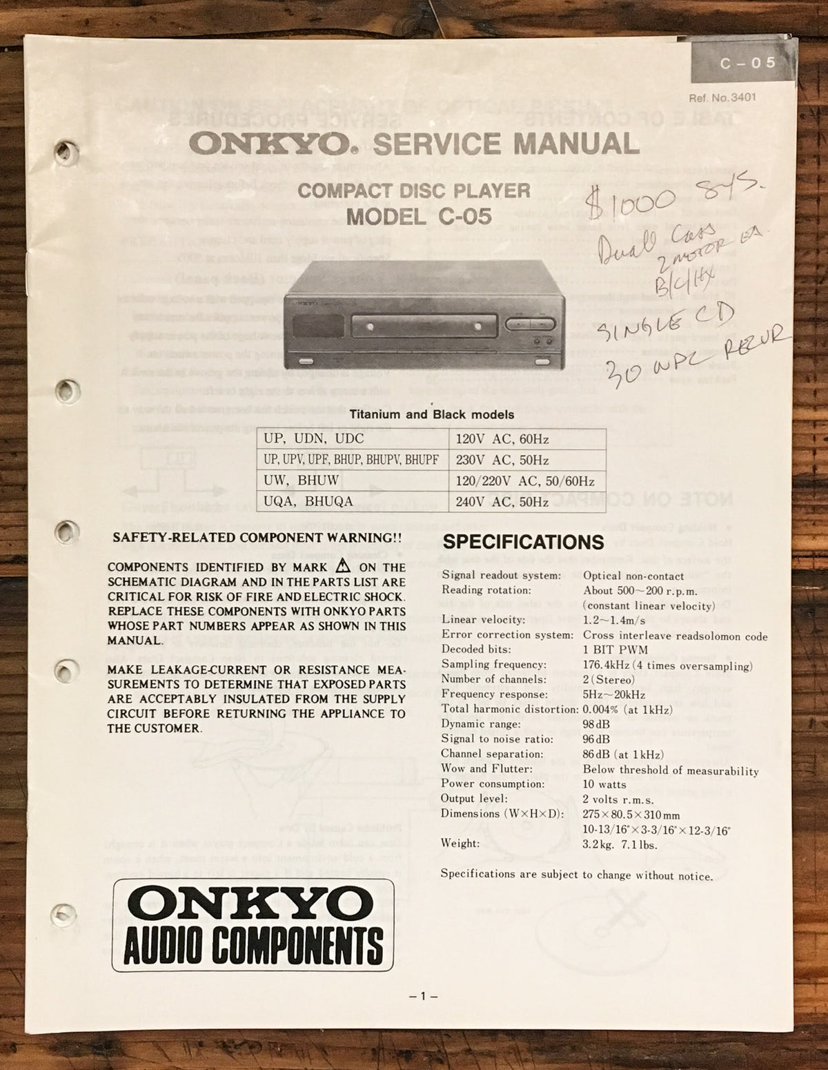 Onkyo C-05 CD Player Service Manual *Original*