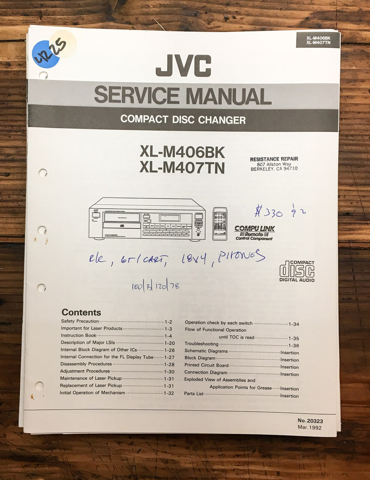 JVC XL-M406 -M407 BK CD Player Service Manual *Original*