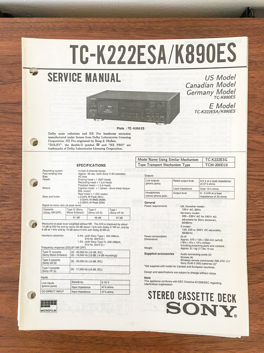 Sony TC-K222ESA TC-K890S Cassette Service Manual *Original