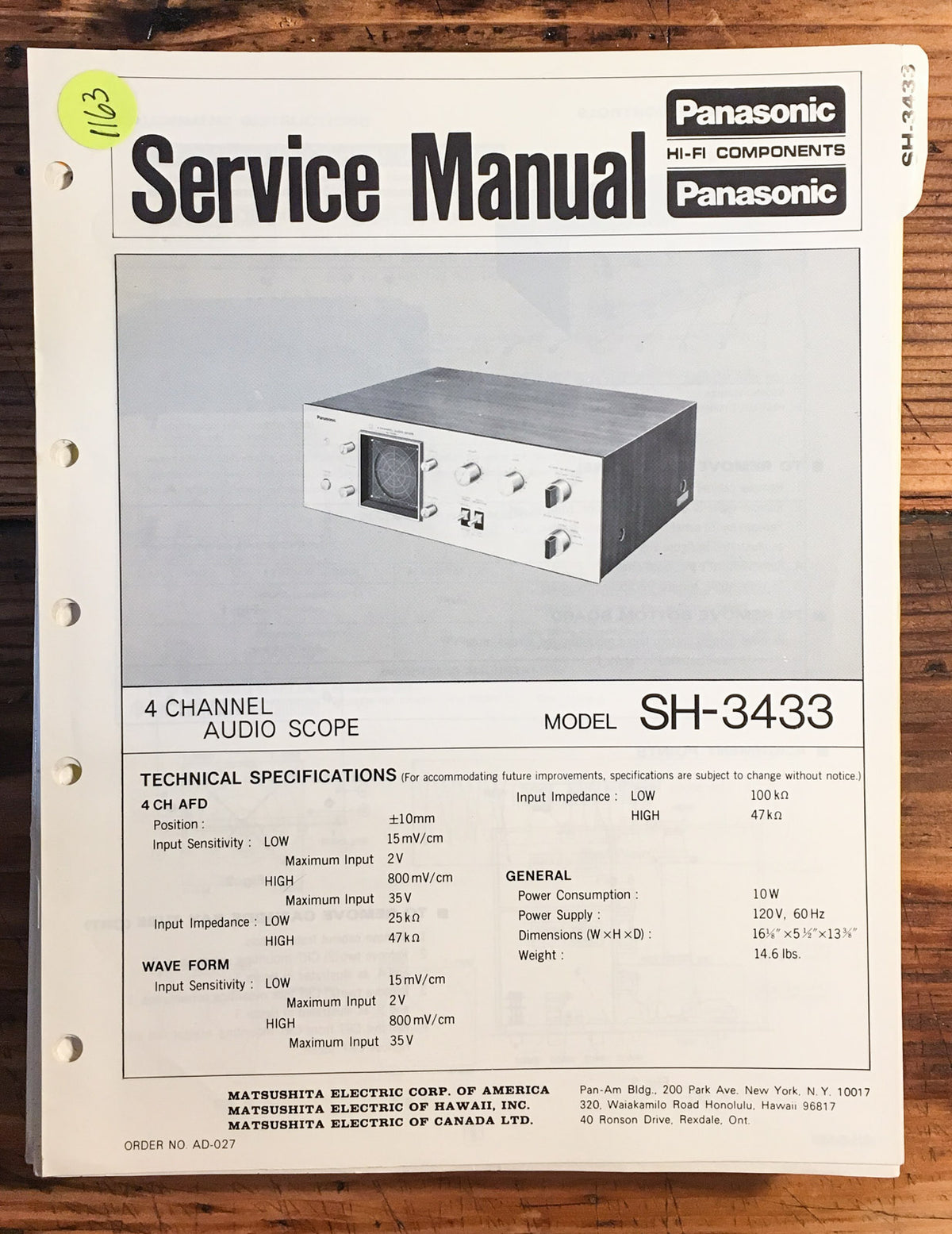Technics SH-3433 Service Manual *Original*