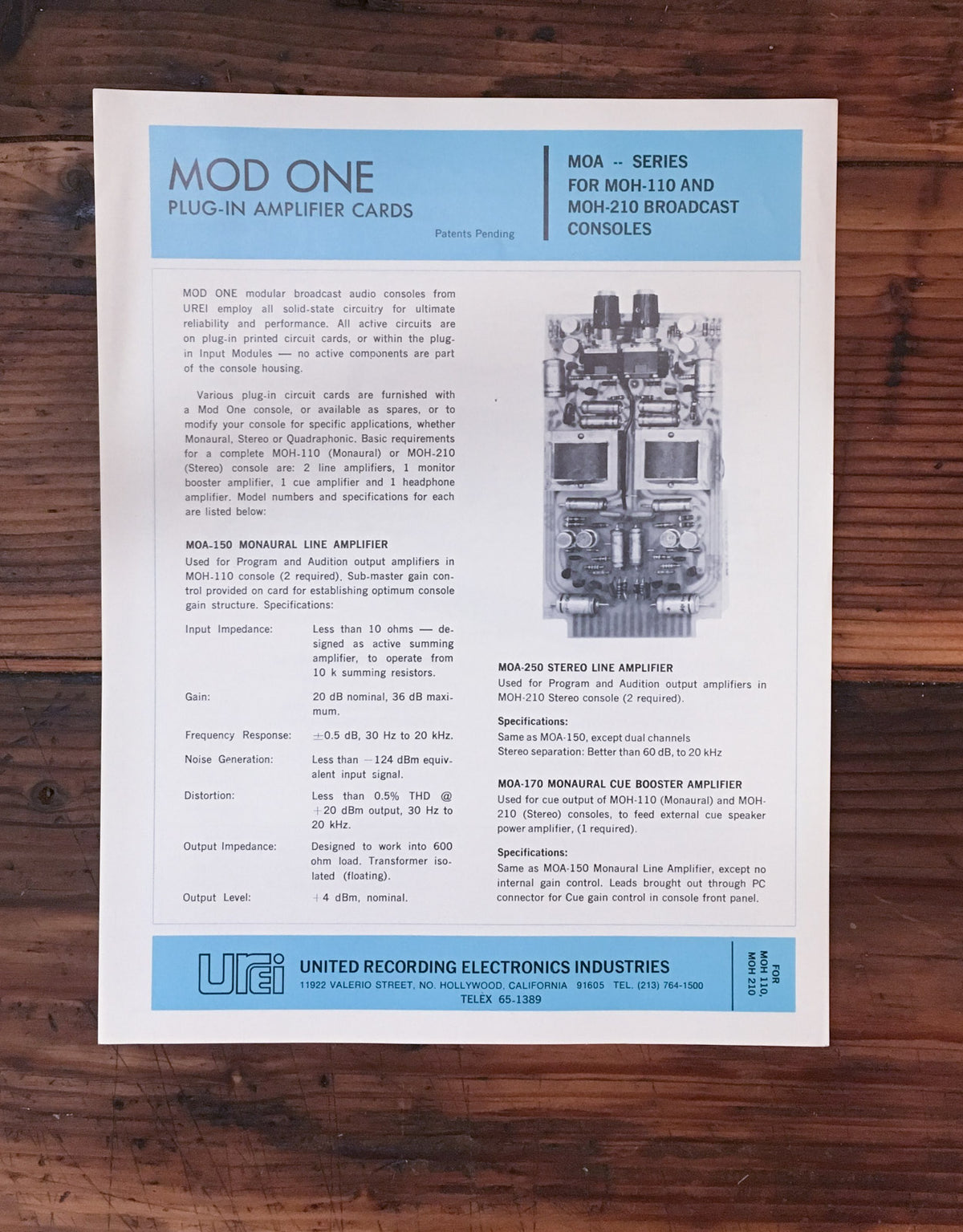 Urei Model MOD ONE Plug in Adapter Dealer Spec Sheet *Original*