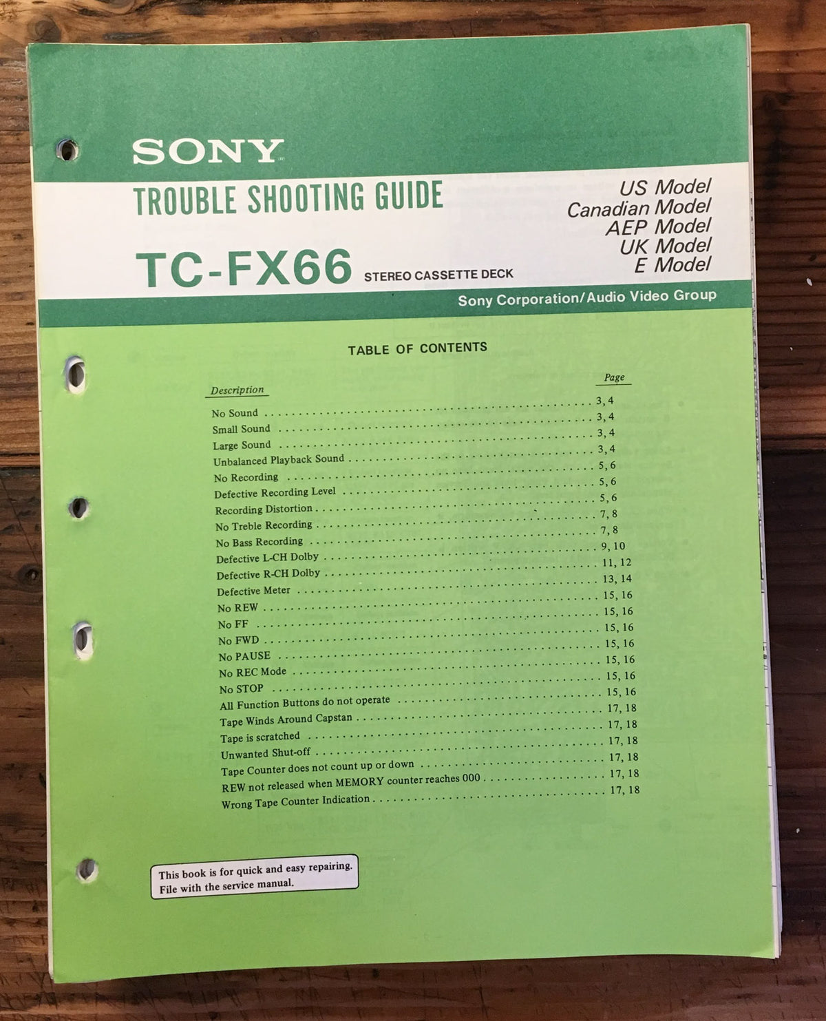 Sony TC-FX66 Cassette Trouble Shooting Guide Manual *Original*