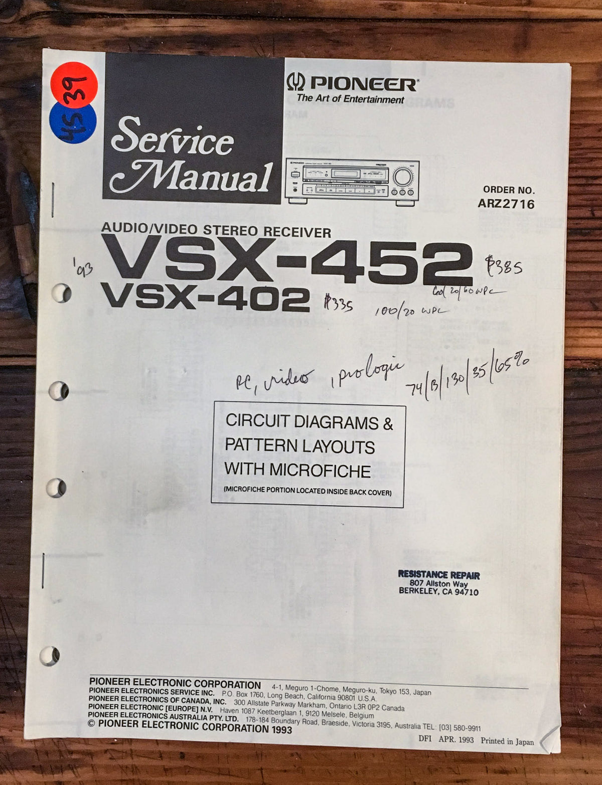 Pioneer VSX-452 VSX-402 Receiver Service Manual *Original*