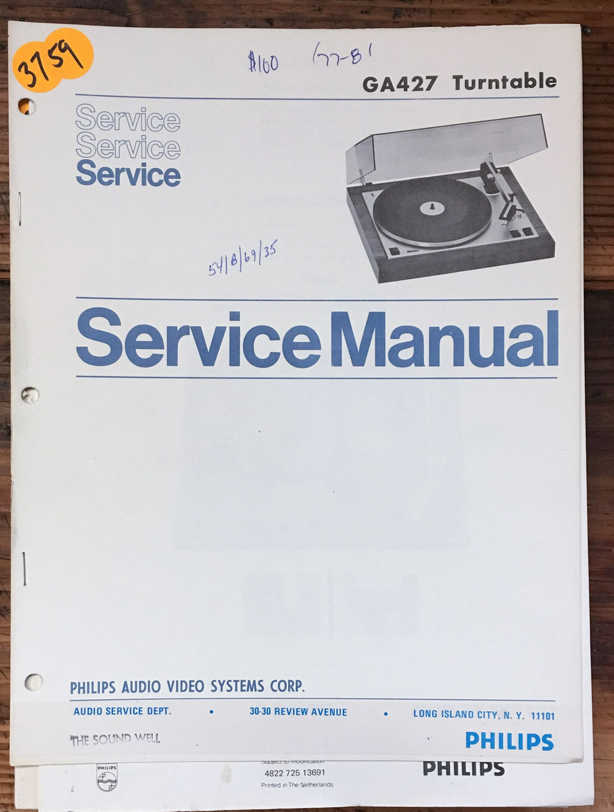 Philips GA-427 GA427 Record Player / Turntable Service Manual *Original*