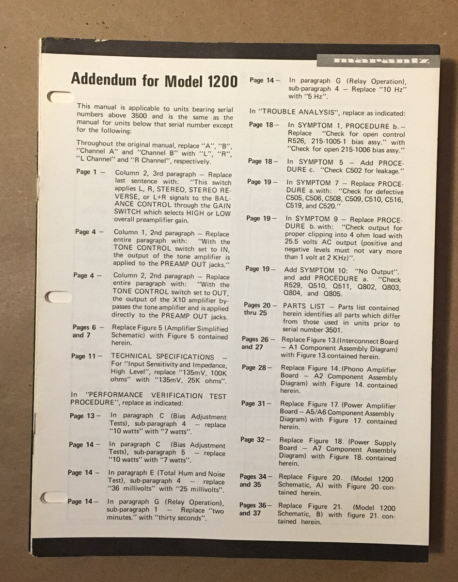 Marantz Model 1200 Amplifier Service Manual Addendum *Original*
