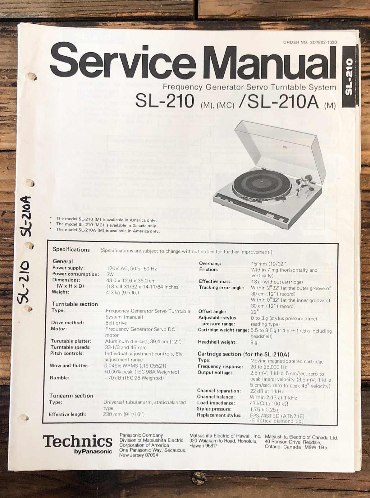 Technics SL-210 SL-210A Record Player / Turntable Service Manual *Original*