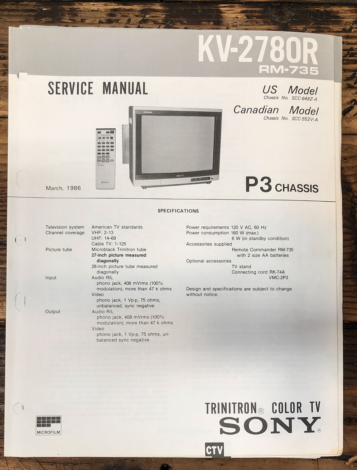 Sony KV-2780R TV Service Manual *Original*