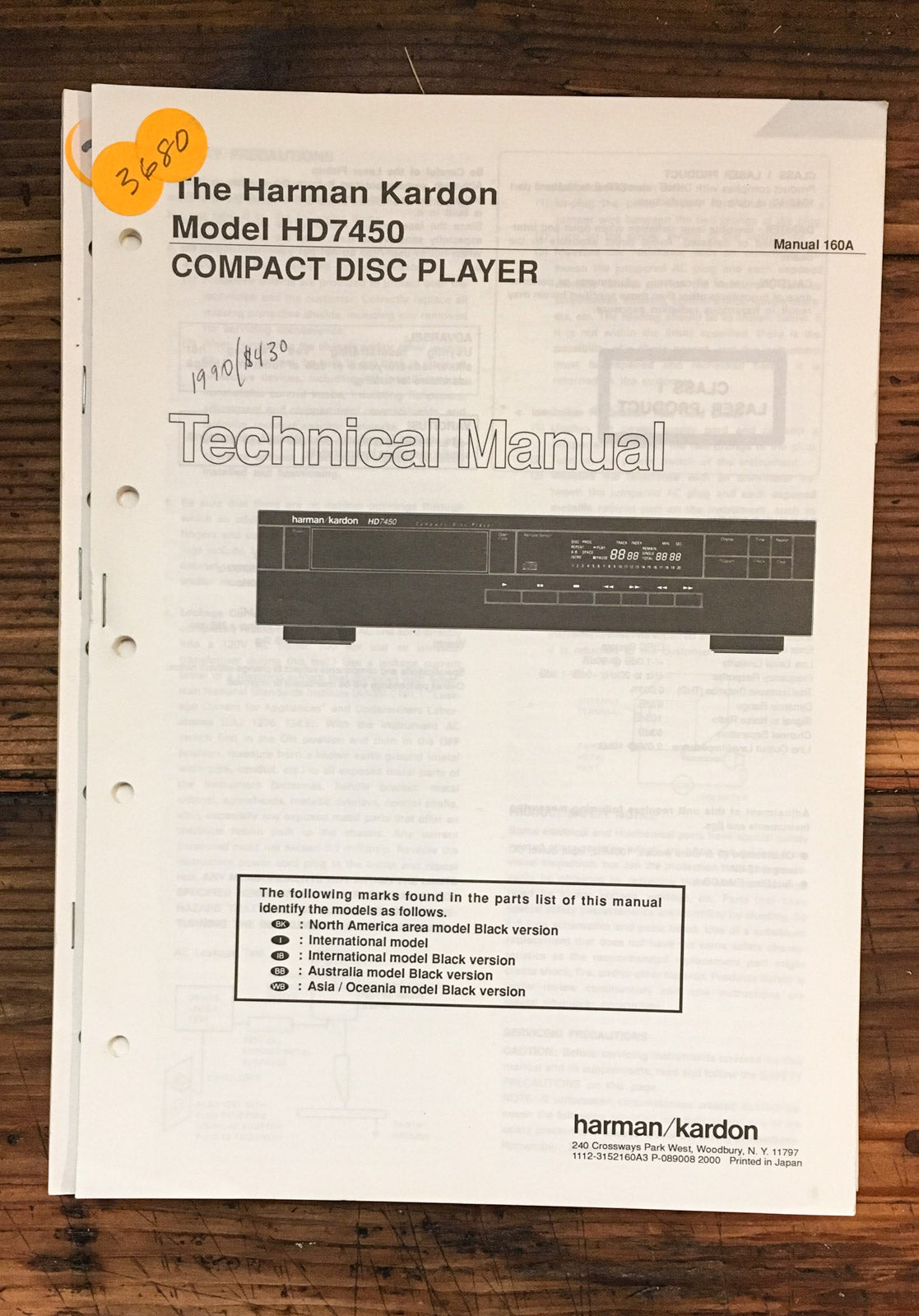 Harman Kardon 7450 HD-7450 CD Player Service Manual *Original*