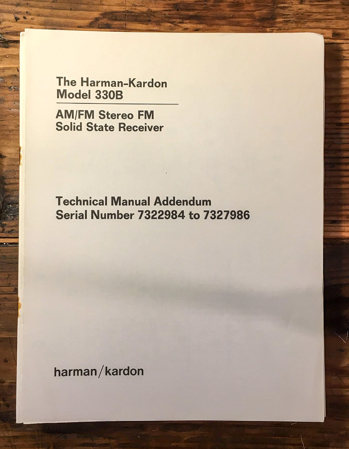 Harman Kardon HK Model 330B 330 B Service Manual Addendum *Original*