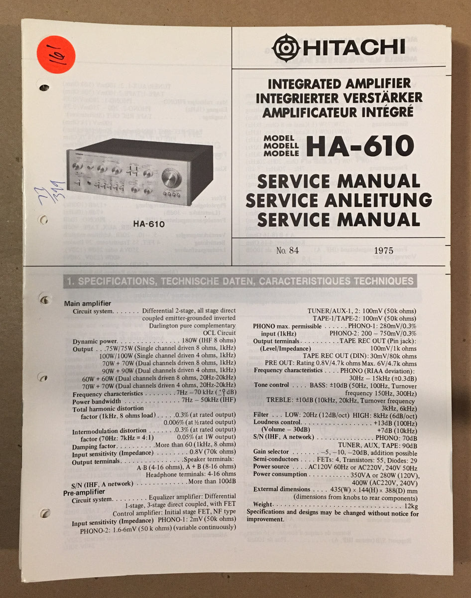 Hitachi HA-610 Amplifier Service Manual *Original*