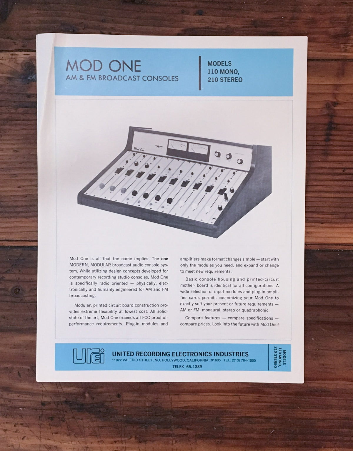 Urei Model MOD ONE Broadcast Console Dealer Spec Sheet *Original*