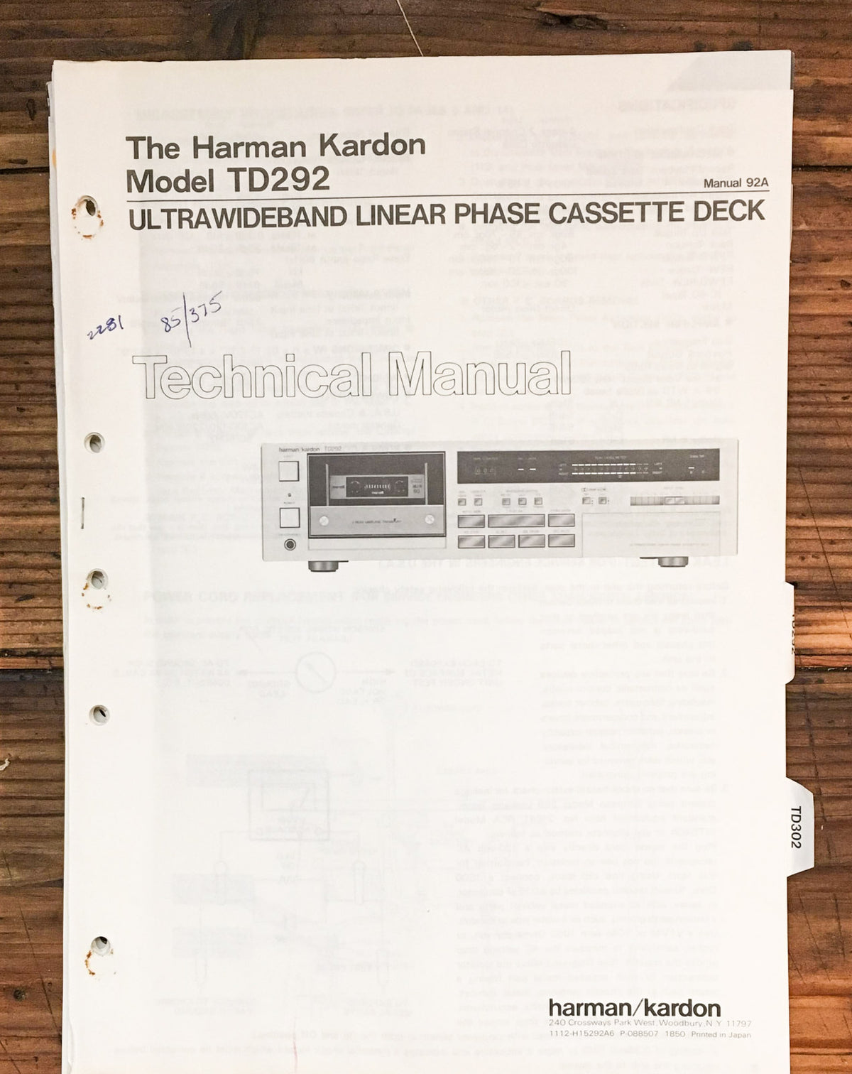 Harman Kardon TD292 Cassette Service Manual *Original*