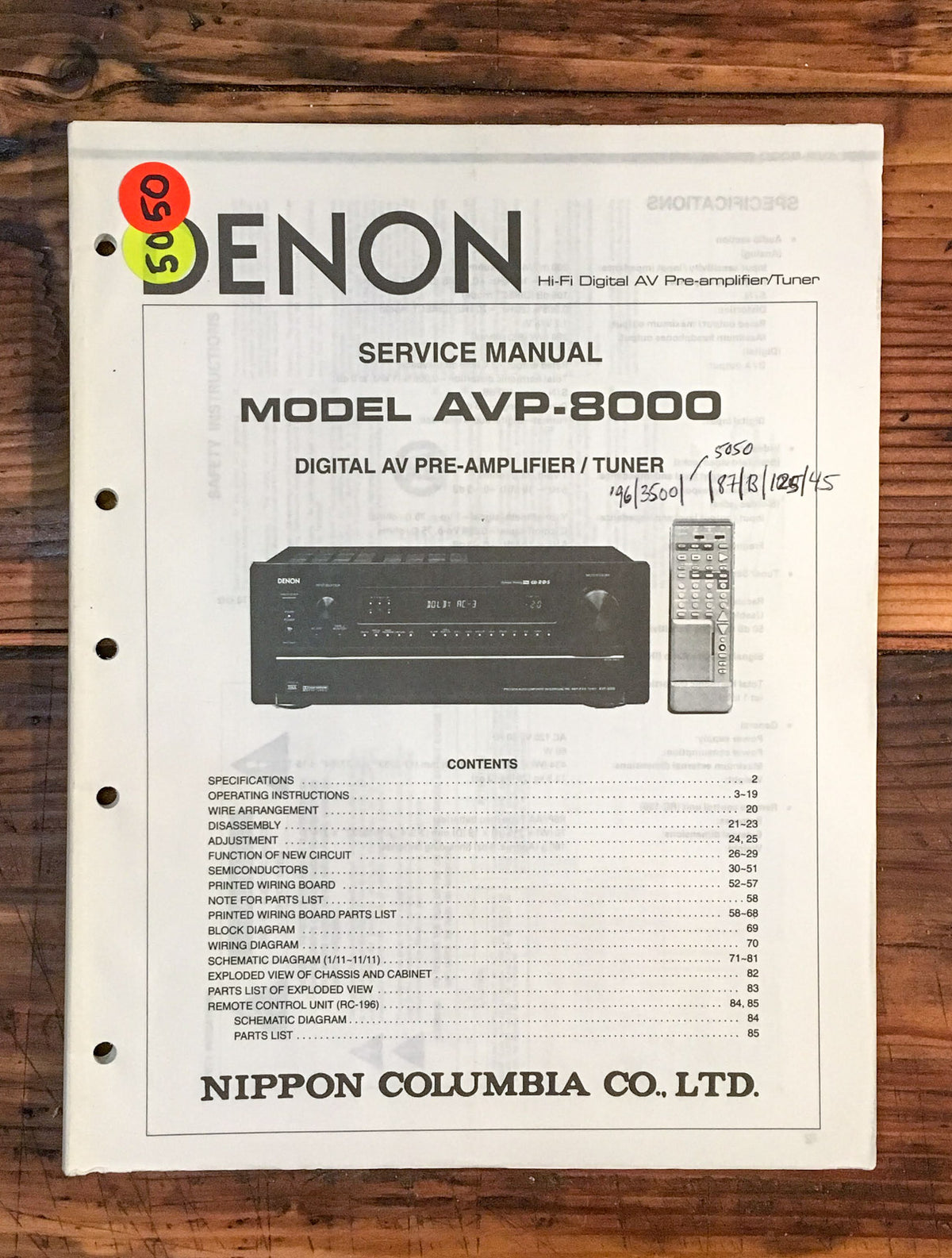 Denon AVP-8000 Preamp / Tuner Service Manual *Original*